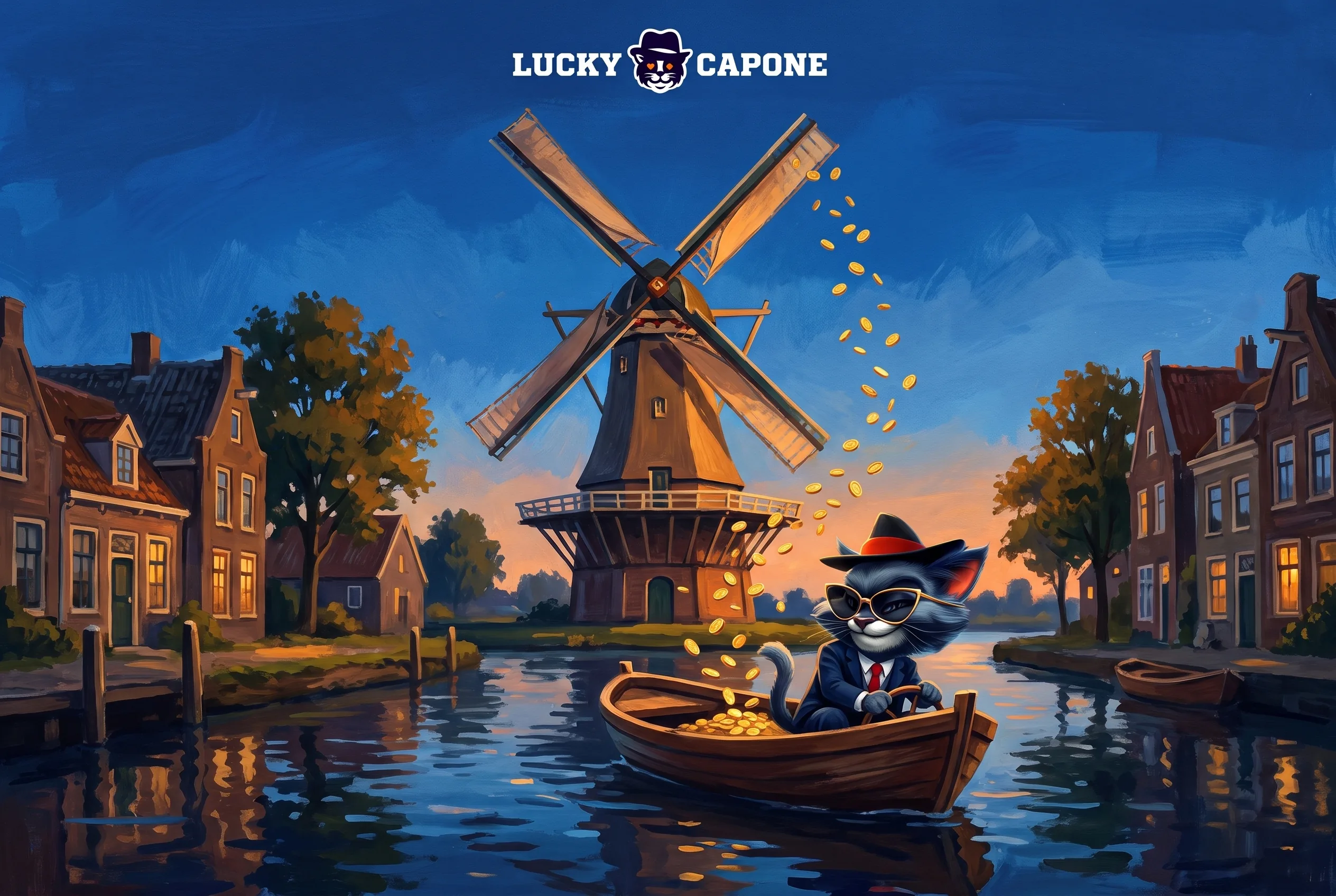 Lucky Capone op een boot met munten bij een molen