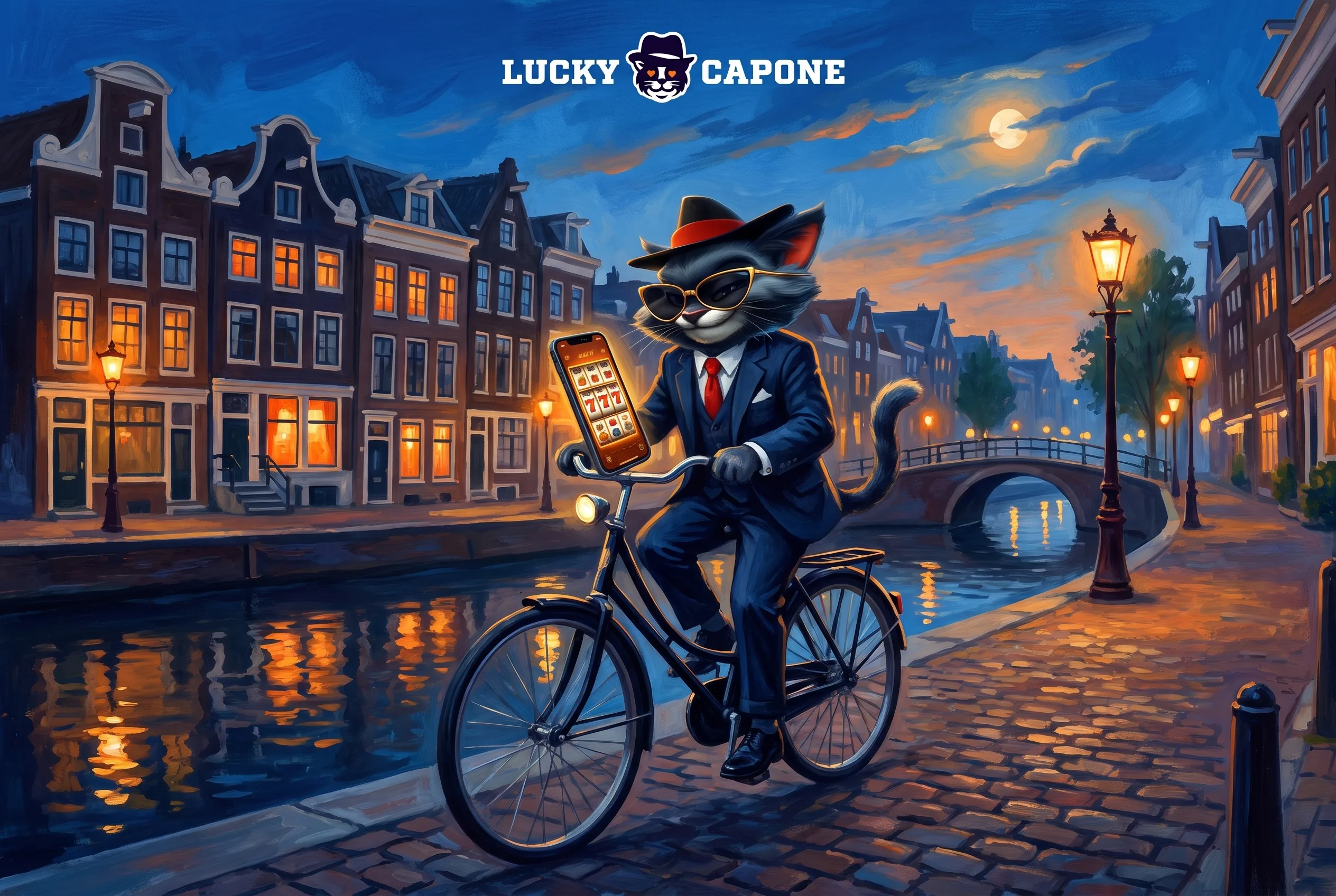 Lucky Capone met een telefoon bij de Amsterdamse grachten