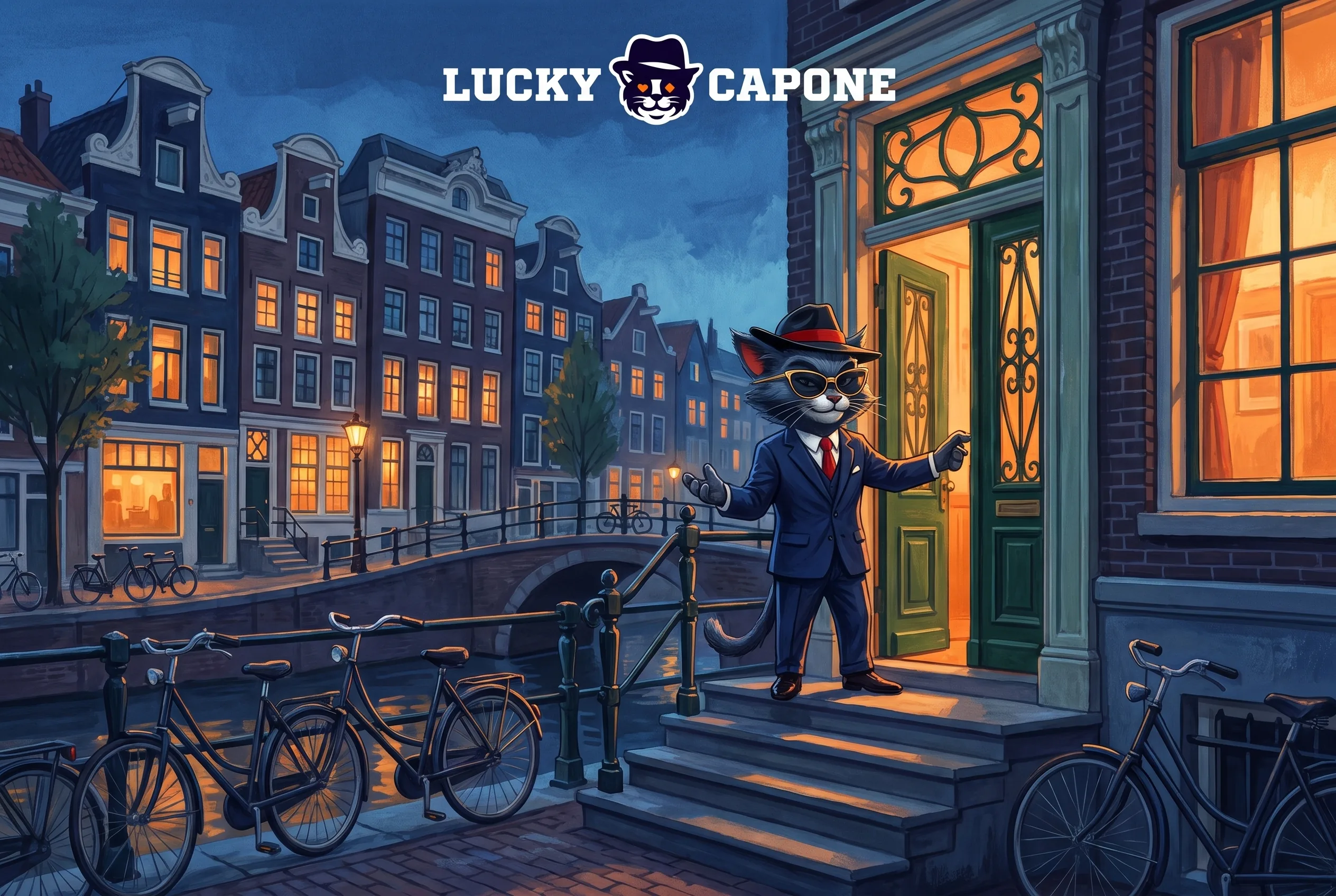 Lucky Capone bij een verlichte deur in Amsterdam